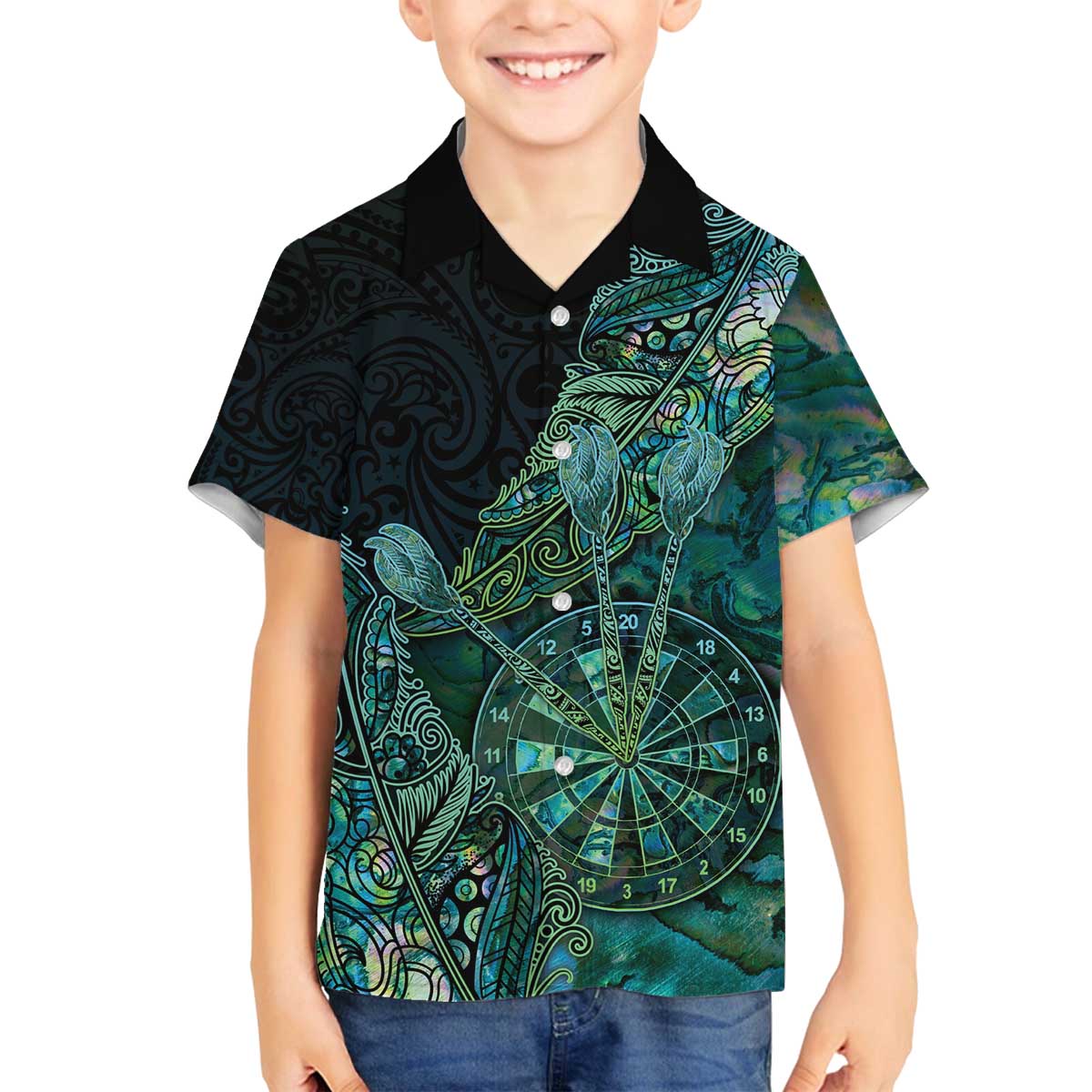 Personalised New Zealand Dart Family Matching Off The Shoulder Long Sleeve Dress and Hawaiian Shirt Maori Fern With Paua Shell DT05 Son's Shirt Green - Polynesian Pride