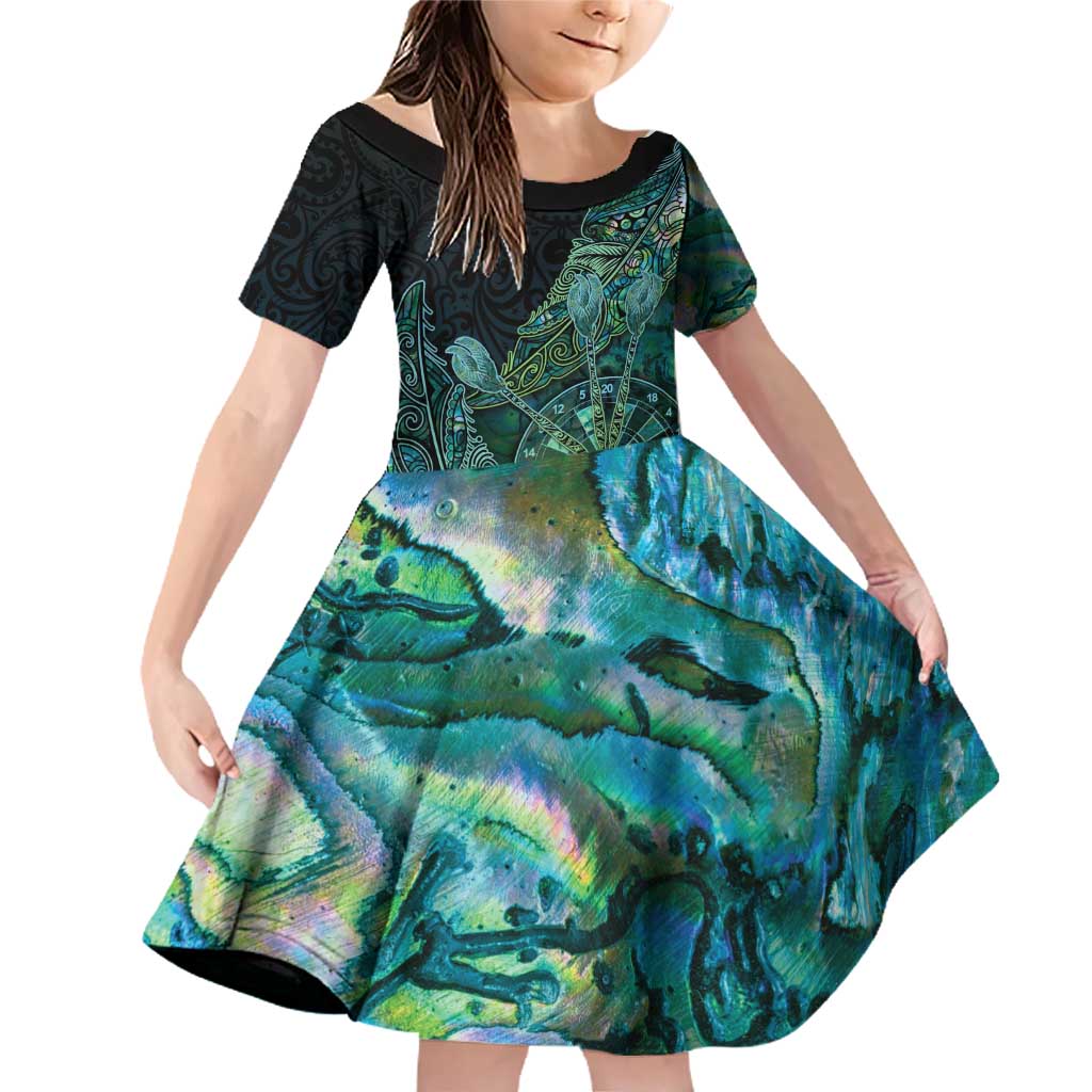 Personalised New Zealand Dart Family Matching Off Shoulder Short Dress and Hawaiian Shirt Maori Fern With Paua Shell DT05 Daughter's Dress Green - Polynesian Pride