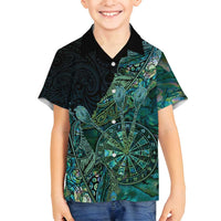 Personalised New Zealand Dart Family Matching Off Shoulder Short Dress and Hawaiian Shirt Maori Fern With Paua Shell DT05 Son's Shirt Green - Polynesian Pride