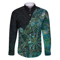 Personalised New Zealand Dart Family Matching Puletasi and Hawaiian Shirt Maori Fern With Paua Shell DT05 Dad's Shirt - Long Sleeve Green - Polynesian Pride