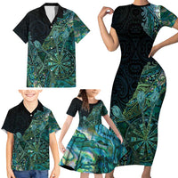 Personalised New Zealand Dart Family Matching Short Sleeve Bodycon Dress and Hawaiian Shirt Maori Fern With Paua Shell DT05 - Polynesian Pride