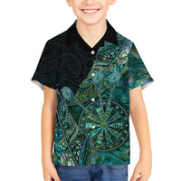 Personalised New Zealand Dart Family Matching Short Sleeve Bodycon Dress and Hawaiian Shirt Maori Fern With Paua Shell DT05 Son's Shirt Green - Polynesian Pride