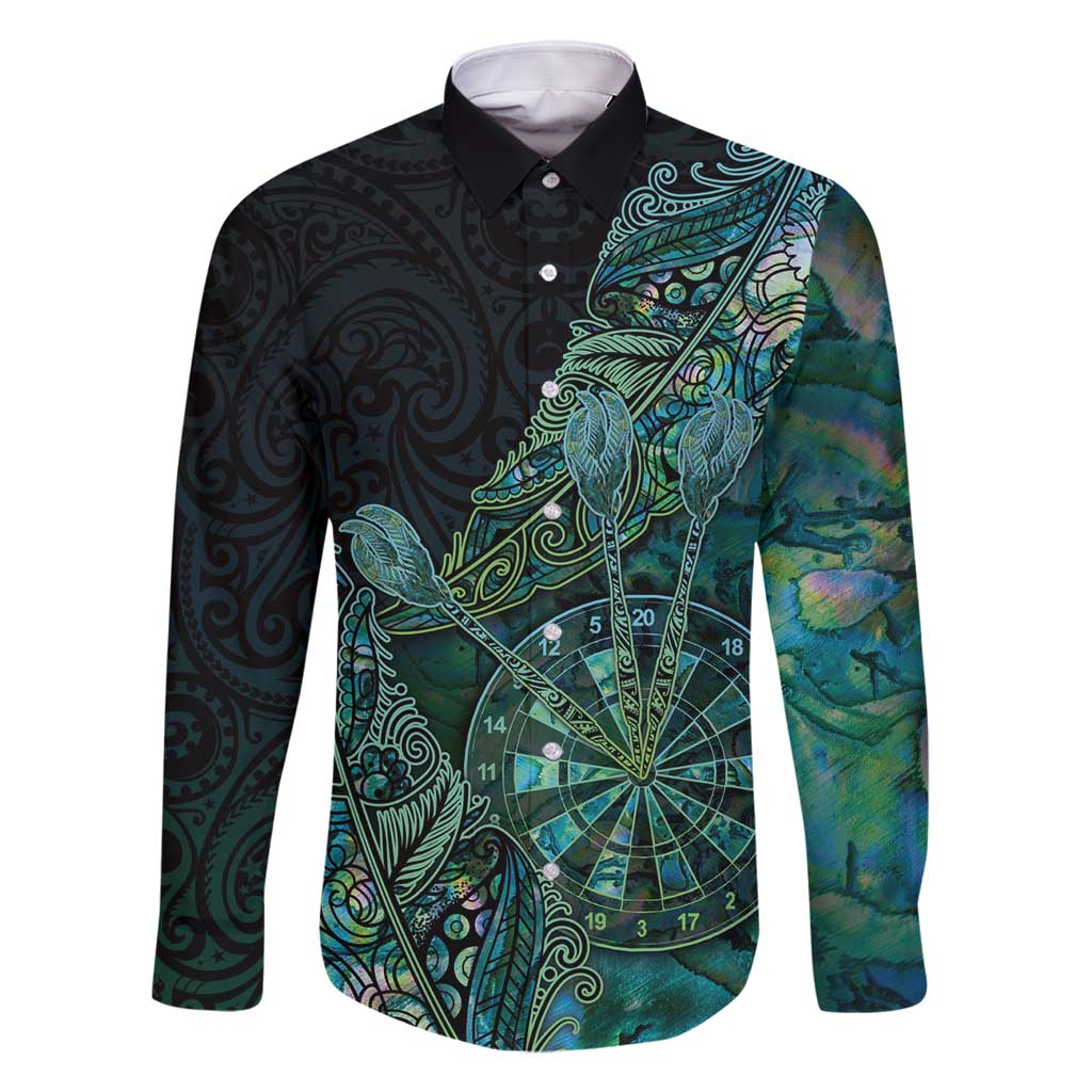 Personalised New Zealand Dart Family Matching Summer Maxi Dress and Hawaiian Shirt Maori Fern With Paua Shell DT05 Dad's Shirt - Long Sleeve Green - Polynesian Pride