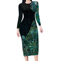 Personalised New Zealand Dart Long Sleeve Bodycon Dress Maori Fern With Paua Shell DT05 Long Dress Green - Polynesian Pride