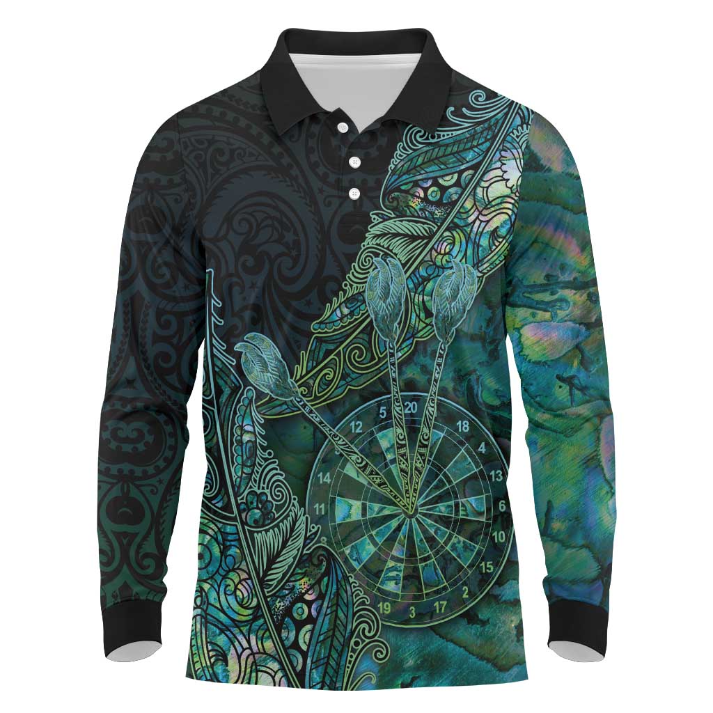 Personalised New Zealand Dart Long Sleeve Polo Shirt Maori Fern With Paua Shell DT05 Green - Polynesian Pride
