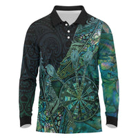 Personalised New Zealand Dart Long Sleeve Polo Shirt Maori Fern With Paua Shell DT05 Green - Polynesian Pride