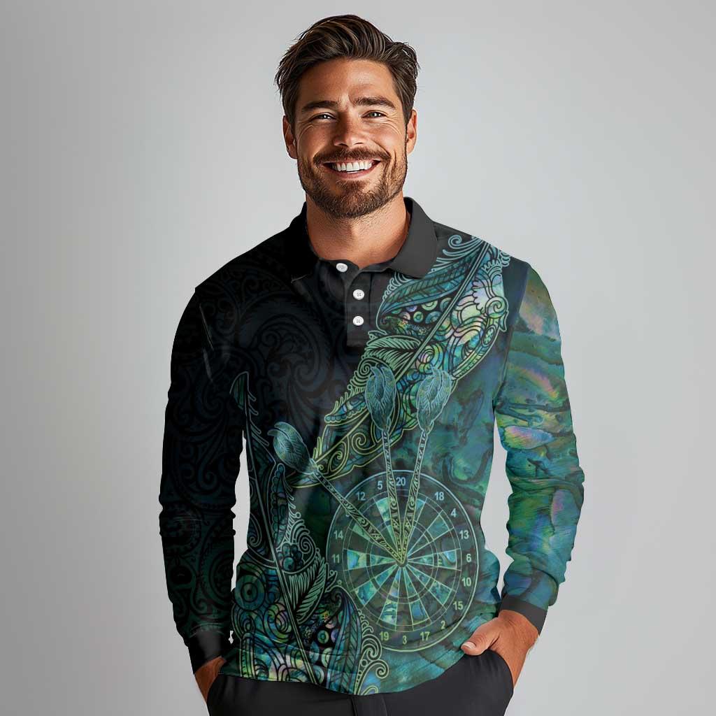 Personalised New Zealand Dart Long Sleeve Polo Shirt Maori Fern With Paua Shell DT05 - Polynesian Pride