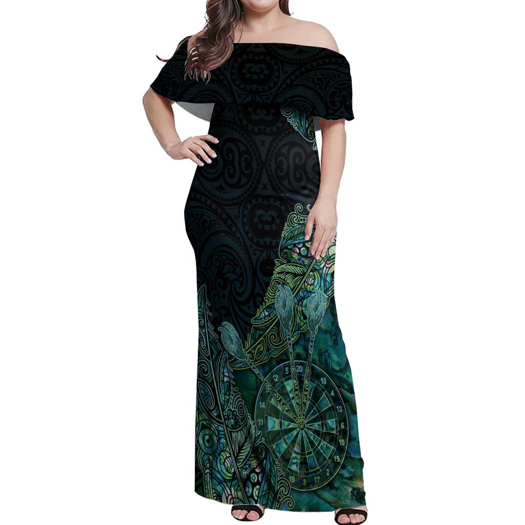 Personalised New Zealand Dart Off Shoulder Maxi Dress Maori Fern With Paua Shell DT05 Women Green - Polynesian Pride