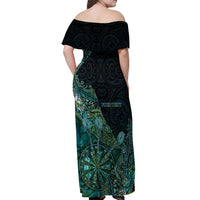 Personalised New Zealand Dart Off Shoulder Maxi Dress Maori Fern With Paua Shell DT05 - Polynesian Pride