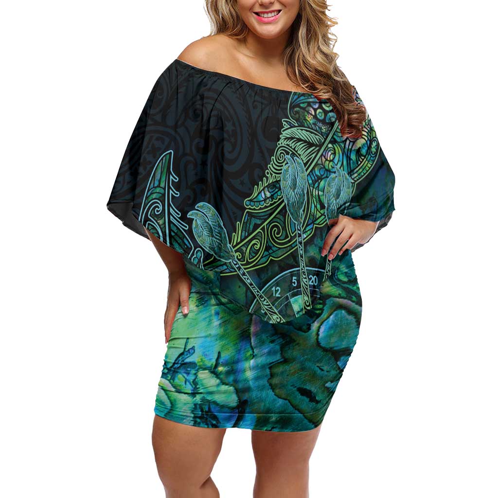 Personalised New Zealand Dart Off Shoulder Short Dress Maori Fern With Paua Shell DT05 Women Green - Polynesian Pride