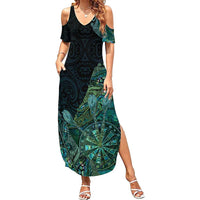 Personalised New Zealand Dart Summer Maxi Dress Maori Fern With Paua Shell DT05 Women Green - Polynesian Pride