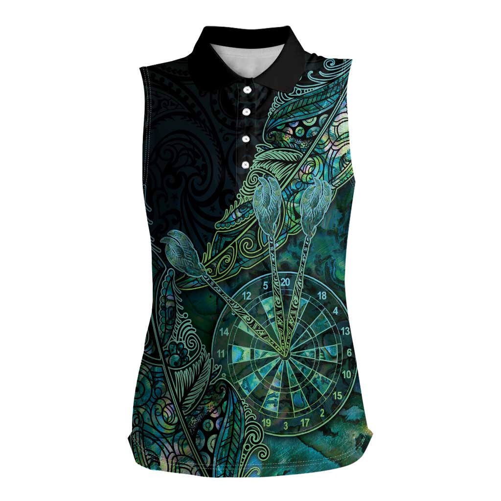 Personalised New Zealand Dart Women Sleeveless Polo Shirt Maori Fern With Paua Shell DT05 Female Green - Polynesian Pride