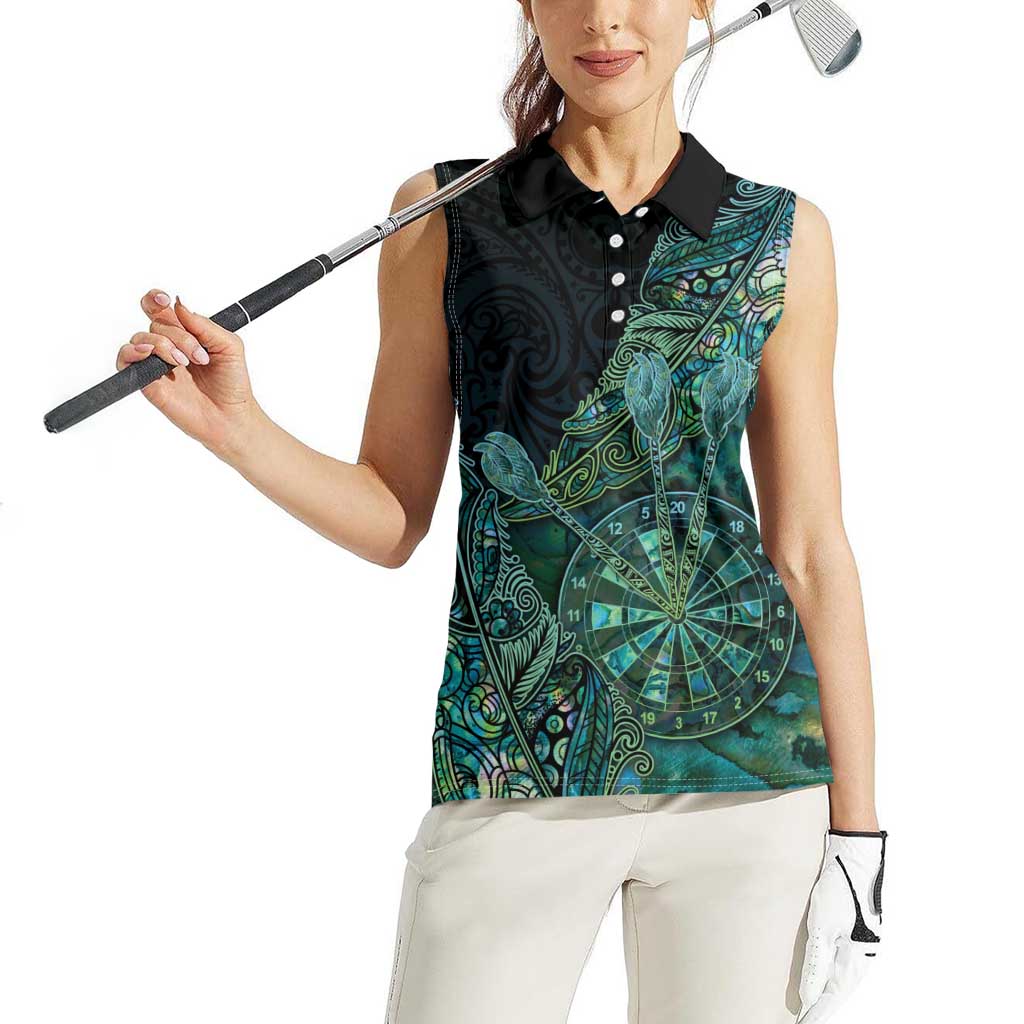 Personalised New Zealand Dart Women Sleeveless Polo Shirt Maori Fern With Paua Shell DT05 - Polynesian Pride