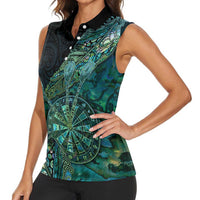 Personalised New Zealand Dart Women Sleeveless Polo Shirt Maori Fern With Paua Shell DT05 - Polynesian Pride