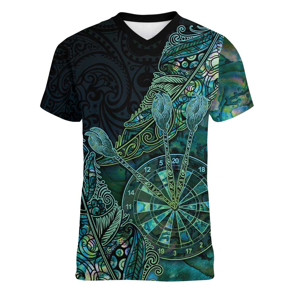 Personalised New Zealand Dart Women V-Neck T-Shirt Maori Fern With Paua Shell DT05 Female Green - Polynesian Pride