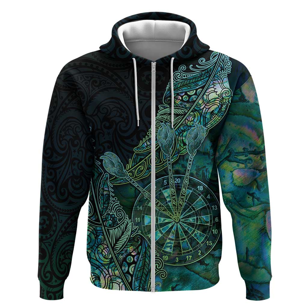 Personalised New Zealand Dart Zip Hoodie Maori Fern With Paua Shell DT05 Zip Hoodie Green - Polynesian Pride