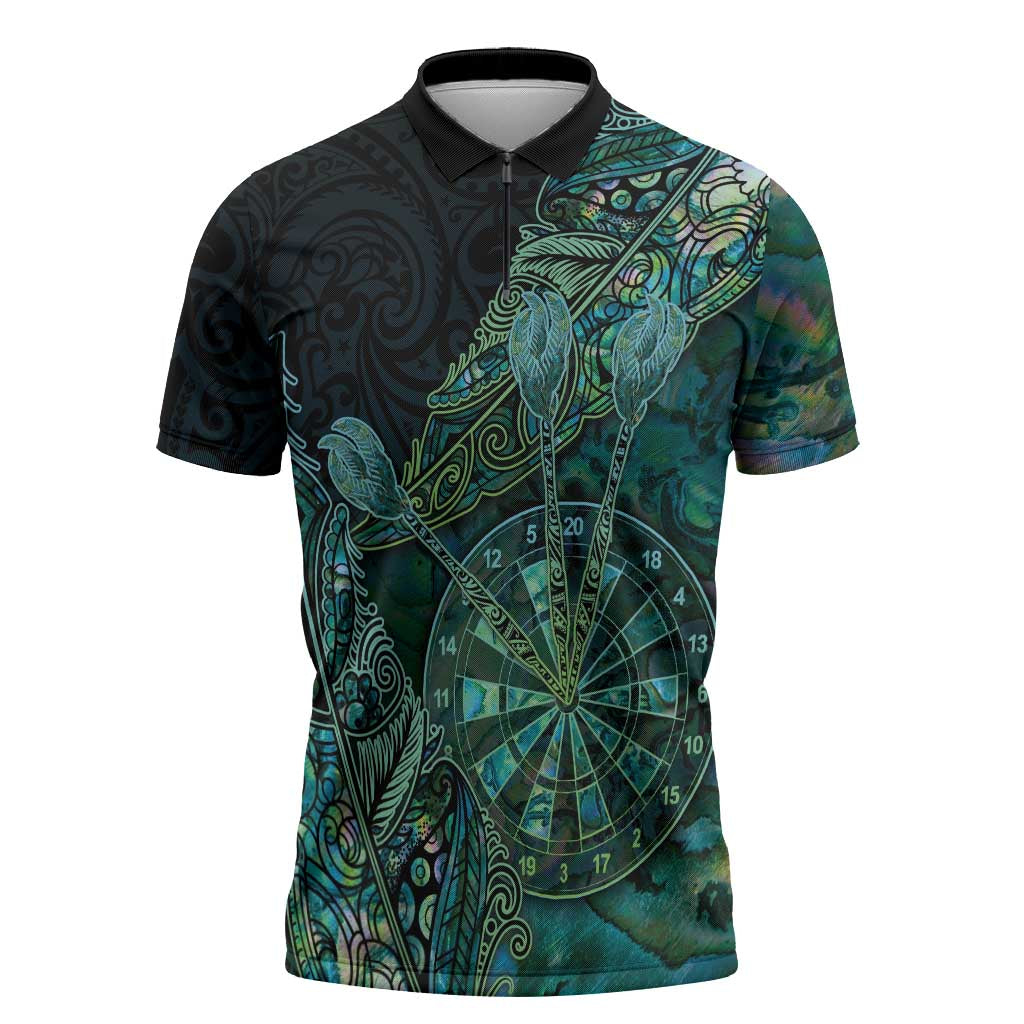 Personalised New Zealand Dart Zipper Polo Shirt Maori Fern With Paua Shell - Polynesian Pride