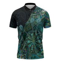 Personalised New Zealand Dart Zipper Polo Shirt Maori Fern With Paua Shell DT05 Green - Polynesian Pride