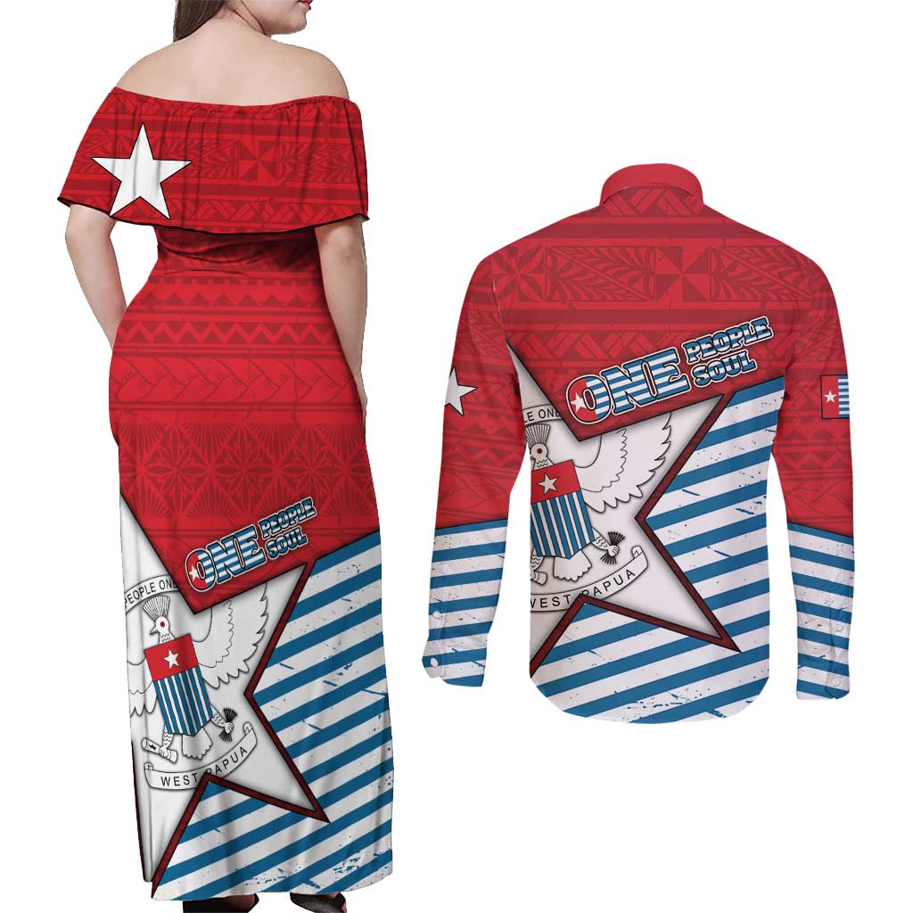 West Papua Morning Star Couples Matching Off Shoulder Maxi Dress and Long Sleeve Button Shirt One People One Soul DT05 - Polynesian Pride