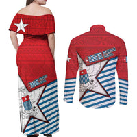 West Papua Morning Star Couples Matching Off Shoulder Maxi Dress and Long Sleeve Button Shirt One People One Soul DT05 - Polynesian Pride