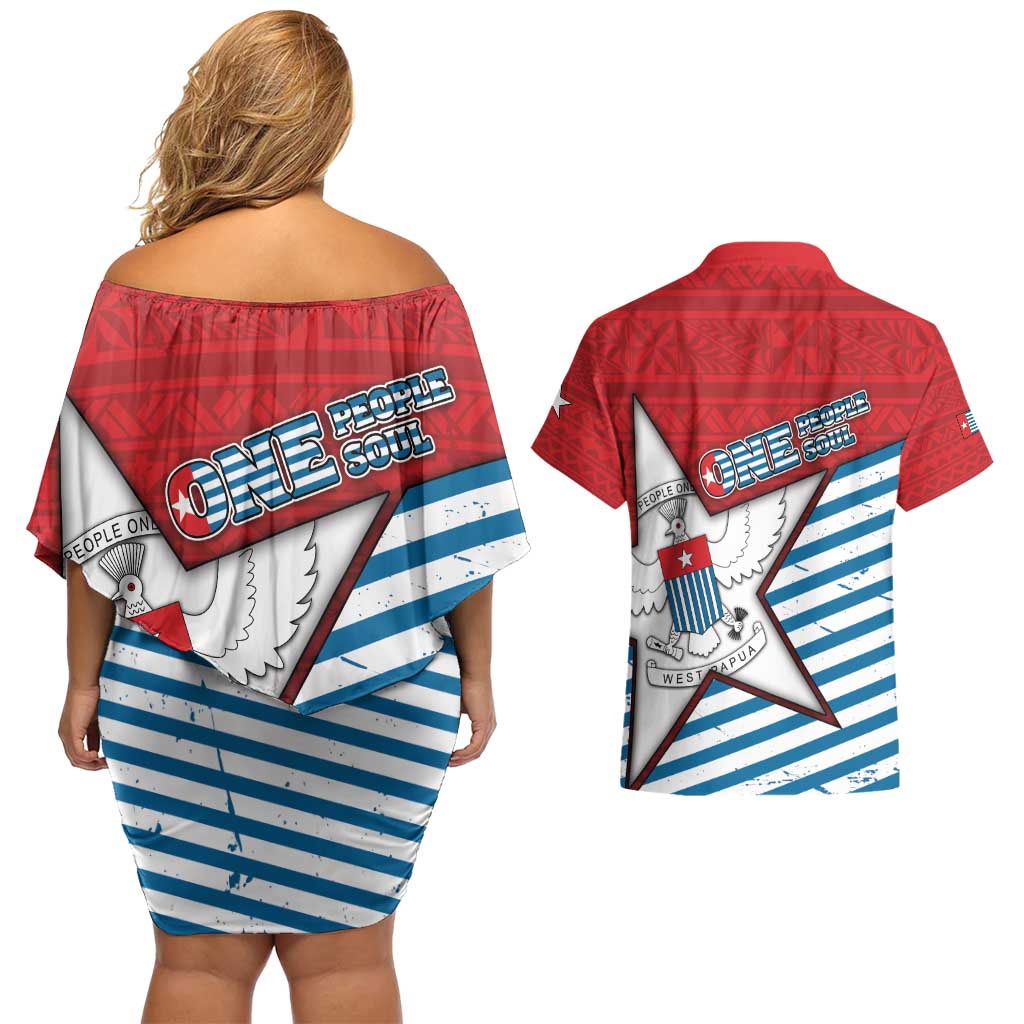 West Papua Morning Star Couples Matching Off Shoulder Short Dress and Hawaiian Shirt One People One Soul DT05 - Polynesian Pride