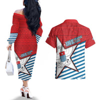 West Papua Morning Star Couples Matching Off The Shoulder Long Sleeve Dress and Hawaiian Shirt One People One Soul DT05 - Polynesian Pride
