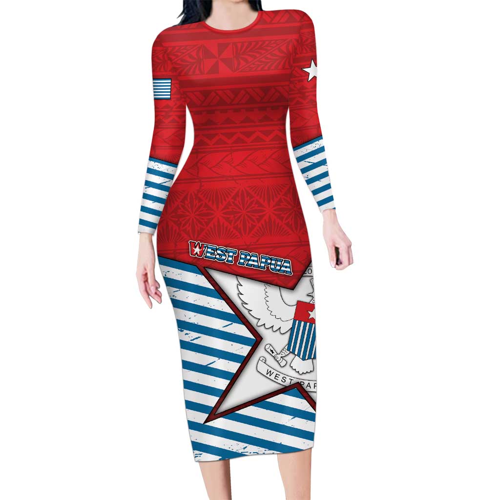 West Papua Morning Star Family Matching Long Sleeve Bodycon Dress and Hawaiian Shirt One People One Soul DT05 Mom's Dress Red - Polynesian Pride