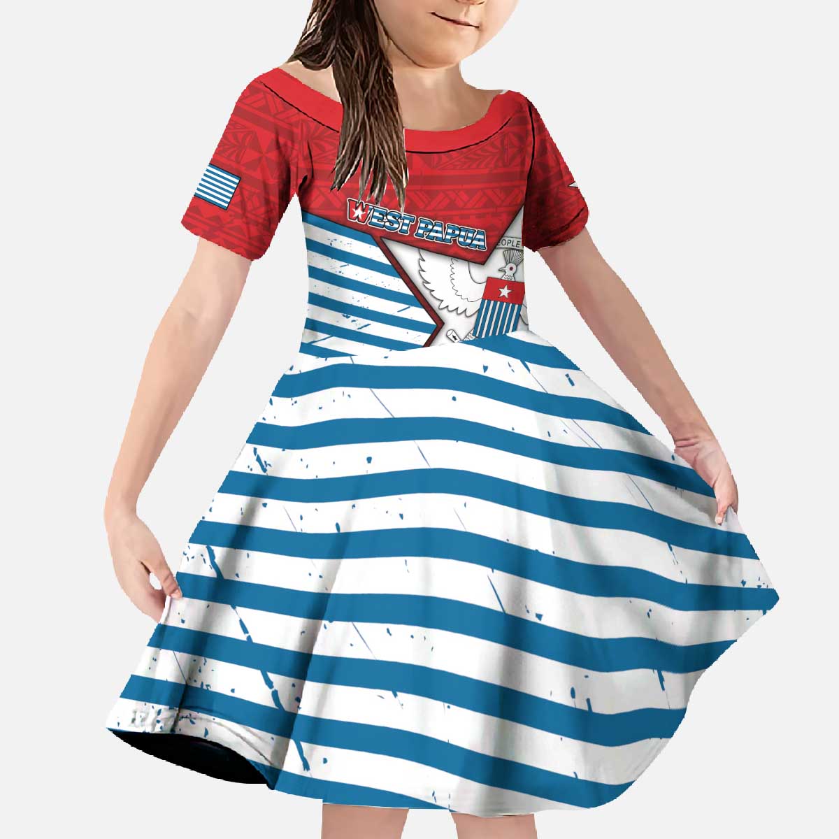 West Papua Morning Star Family Matching Off The Shoulder Long Sleeve Dress and Hawaiian Shirt One People One Soul DT05 Daughter's Dress Red - Polynesian Pride