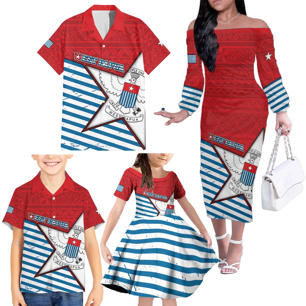 West Papua Morning Star Family Matching Off The Shoulder Long Sleeve Dress and Hawaiian Shirt One People One Soul DT05 - Polynesian Pride