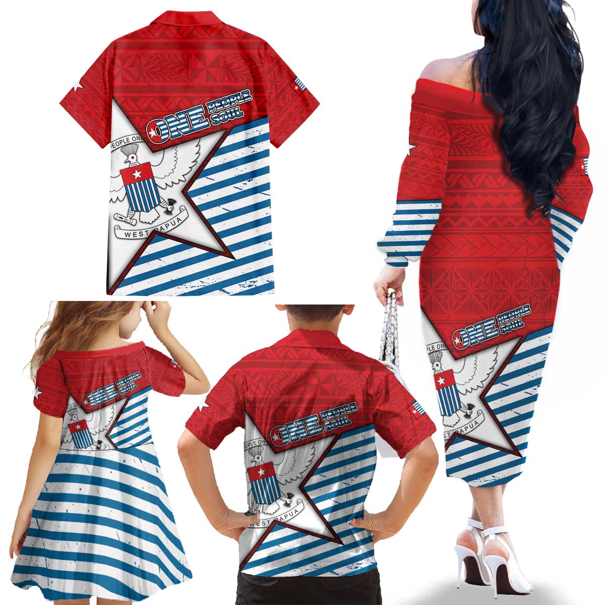 West Papua Morning Star Family Matching Off The Shoulder Long Sleeve Dress and Hawaiian Shirt One People One Soul DT05 - Polynesian Pride