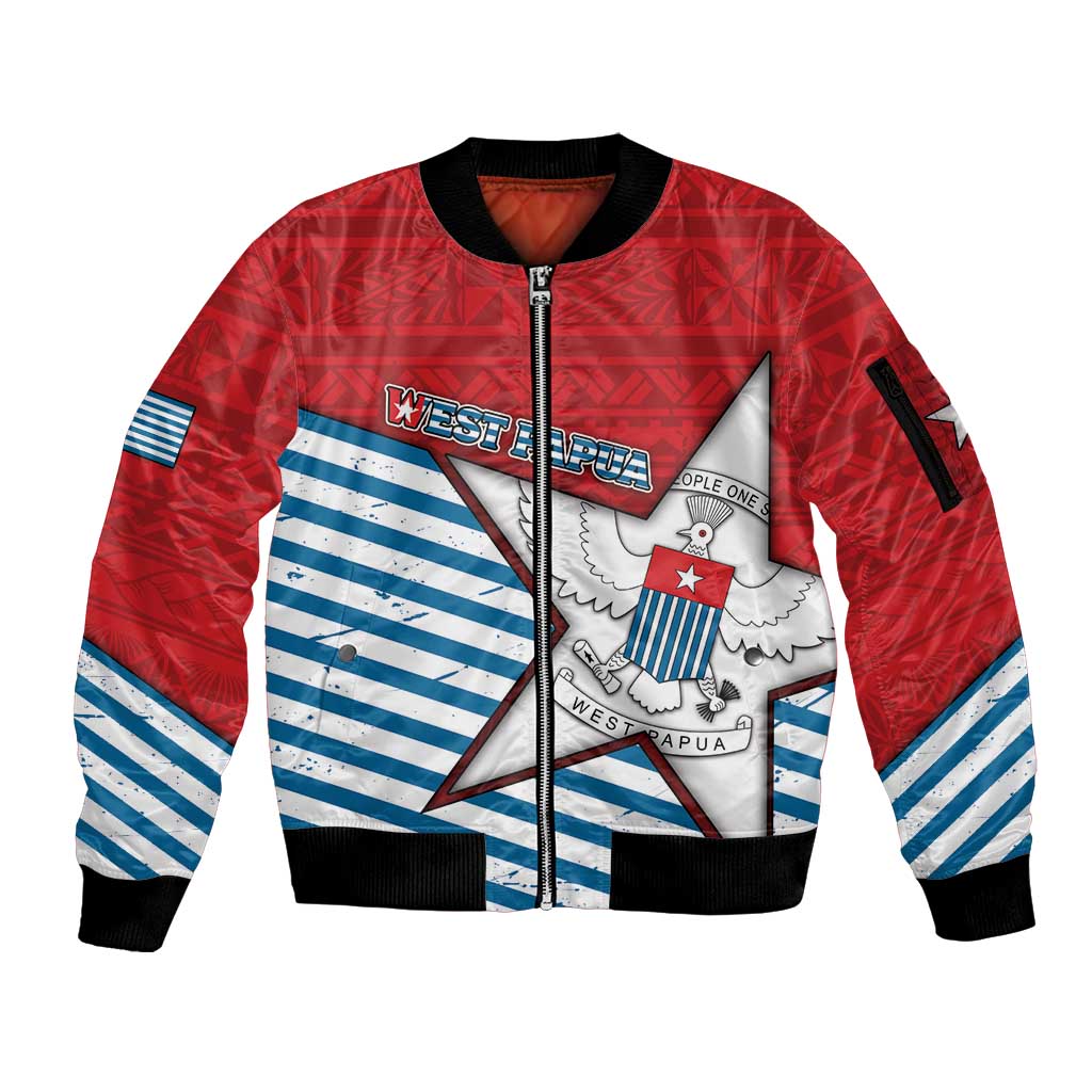 West Papua Morning Star Sleeve Zip Bomber Jacket One People One Soul DT05 Unisex Red - Polynesian Pride