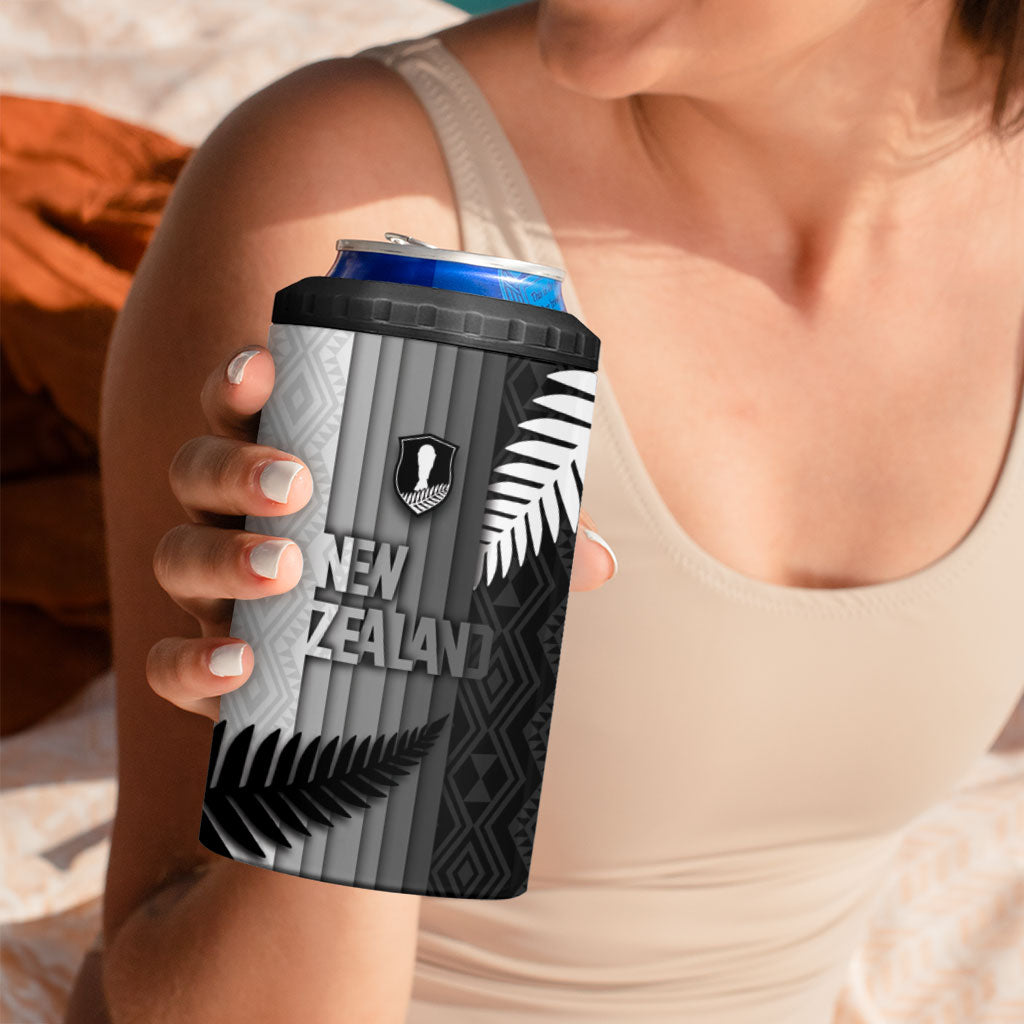 Custom New Zealand Football 4 in 1 Can Cooler Tumbler Silver Fern Maori Pattern Monochrome DT05 - Polynesian Pride