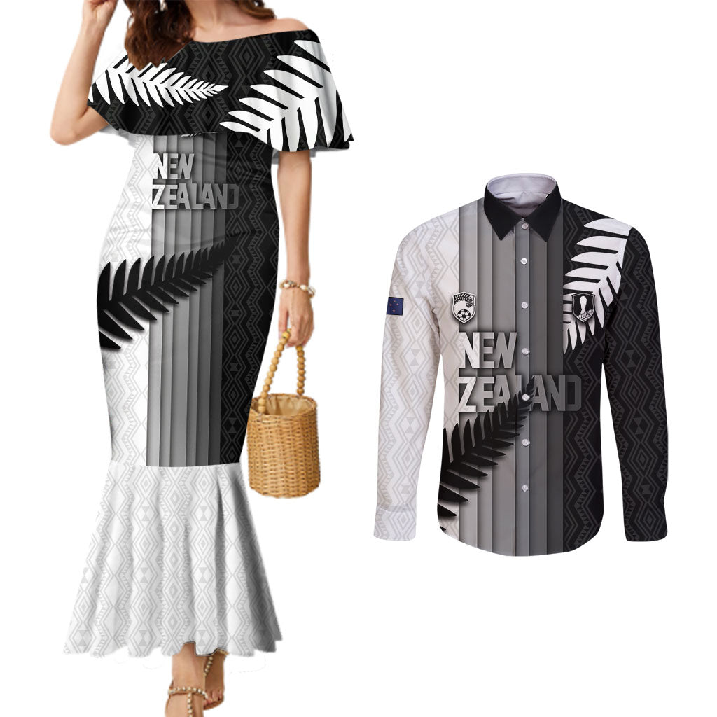 Custom New Zealand Football Couples Matching Mermaid Dress and Long Sleeve Button Shirt Silver Fern Maori Pattern Monochrome DT05 White - Polynesian Pride