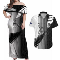 Custom New Zealand Football Couples Matching Off Shoulder Maxi Dress and Hawaiian Shirt Silver Fern Maori Pattern Monochrome DT05 White - Polynesian Pride
