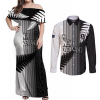 Custom New Zealand Football Couples Matching Off Shoulder Maxi Dress and Long Sleeve Button Shirt Silver Fern Maori Pattern Monochrome DT05 White - Polynesian Pride
