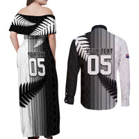 Custom New Zealand Football Couples Matching Off Shoulder Maxi Dress and Long Sleeve Button Shirt Silver Fern Maori Pattern Monochrome DT05 - Polynesian Pride