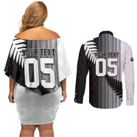 Custom New Zealand Football Couples Matching Off Shoulder Short Dress and Long Sleeve Button Shirt Silver Fern Maori Pattern Monochrome DT05 - Polynesian Pride