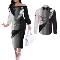 Custom New Zealand Football Couples Matching Off The Shoulder Long Sleeve Dress and Long Sleeve Button Shirt Silver Fern Maori Pattern Monochrome DT05 White - Polynesian Pride