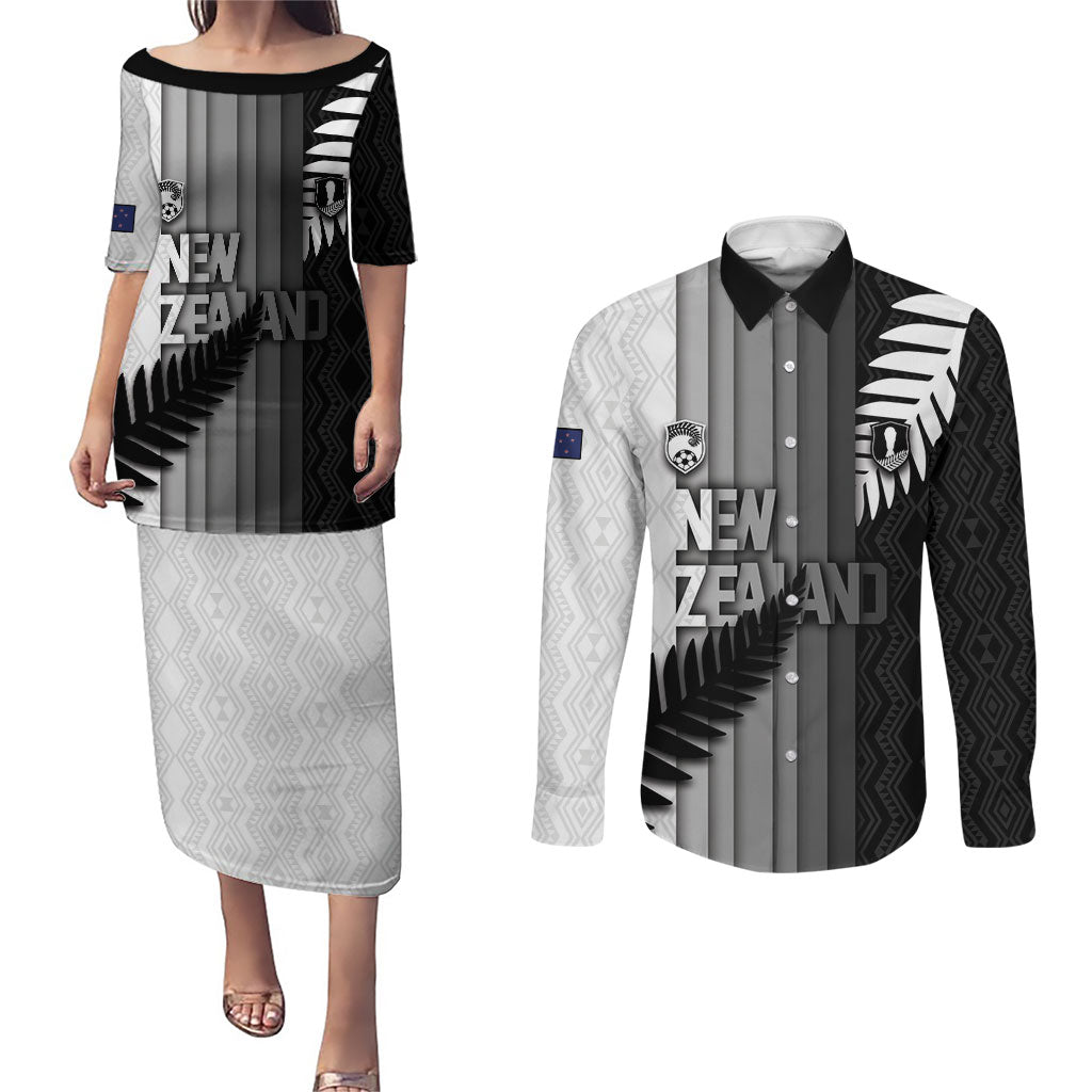 Custom New Zealand Football Couples Matching Puletasi and Long Sleeve Button Shirt Silver Fern Maori Pattern Monochrome DT05 White - Polynesian Pride