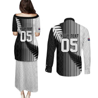 Custom New Zealand Football Couples Matching Puletasi and Long Sleeve Button Shirt Silver Fern Maori Pattern Monochrome DT05 - Polynesian Pride