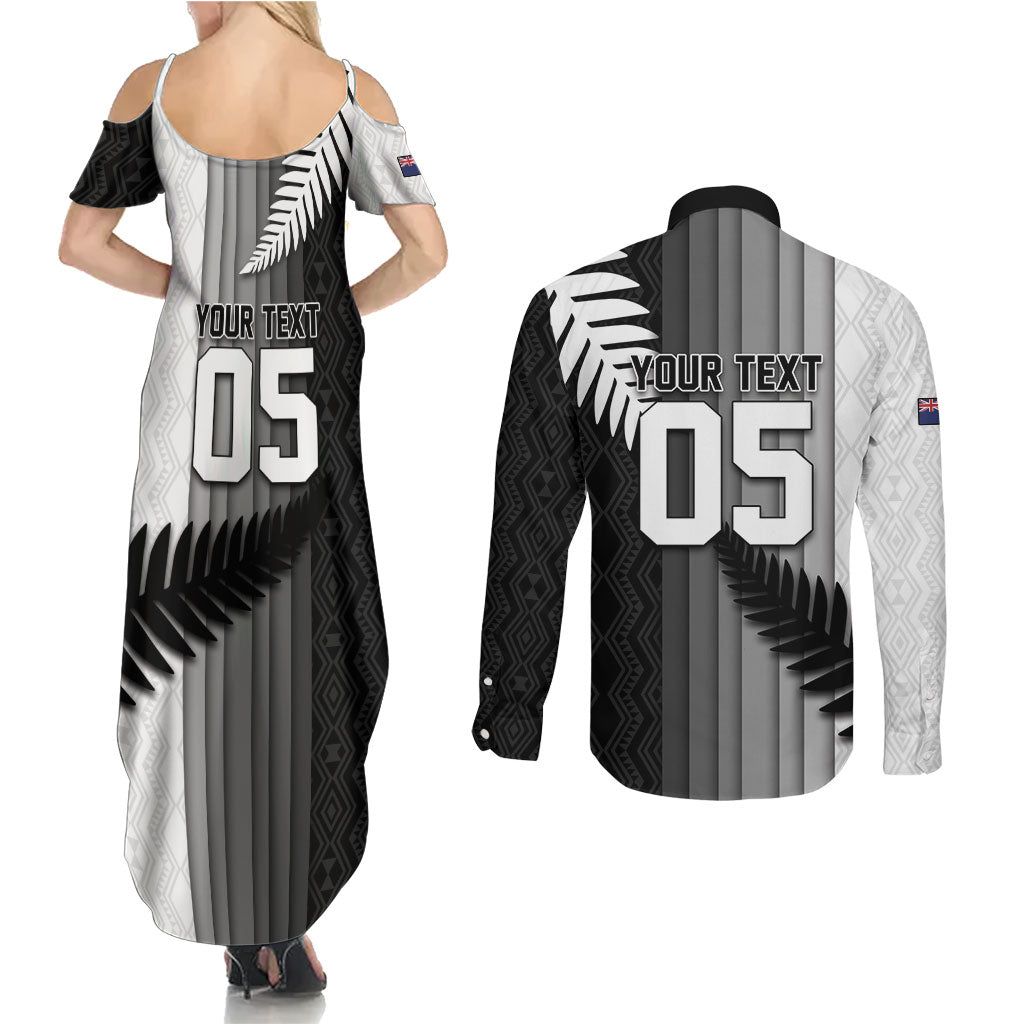Custom New Zealand Football Couples Matching Summer Maxi Dress and Long Sleeve Button Shirt Silver Fern Maori Pattern Monochrome DT05 - Polynesian Pride