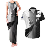 Custom New Zealand Football Couples Matching Tank Maxi Dress and Hawaiian Shirt Silver Fern Maori Pattern Monochrome DT05 White - Polynesian Pride