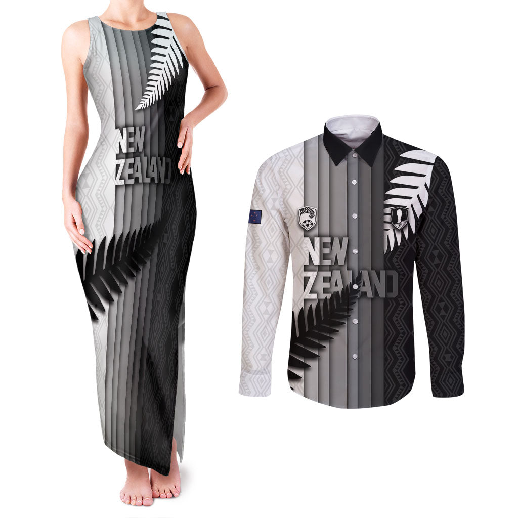 Custom New Zealand Football Couples Matching Tank Maxi Dress and Long Sleeve Button Shirt Silver Fern Maori Pattern Monochrome DT05 White - Polynesian Pride