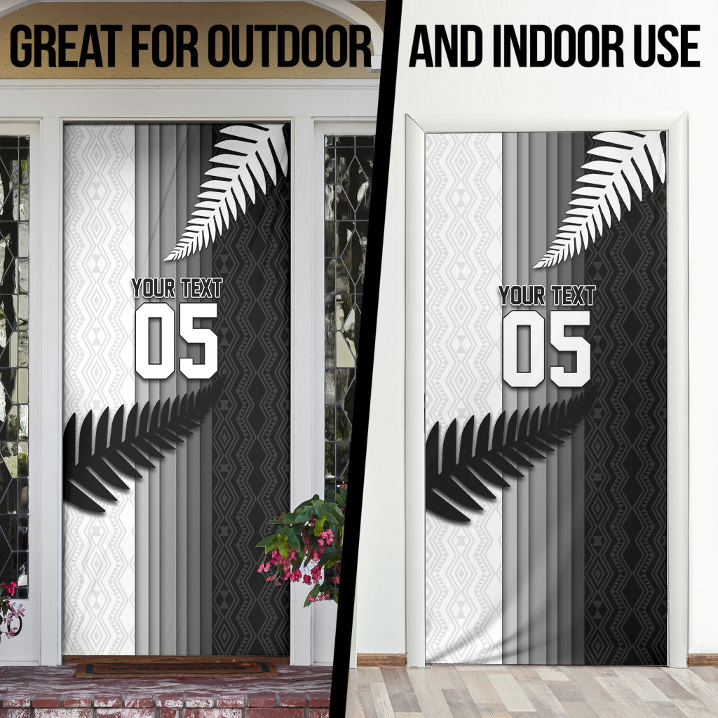 Custom New Zealand Football Door Cover Silver Fern Maori Pattern Monochrome DT05 - Polynesian Pride
