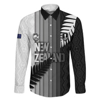 Custom New Zealand Football Family Matching Mermaid Dress and Hawaiian Shirt Silver Fern Maori Pattern Monochrome DT05 Dad's Shirt - Long Sleeve White - Polynesian Pride