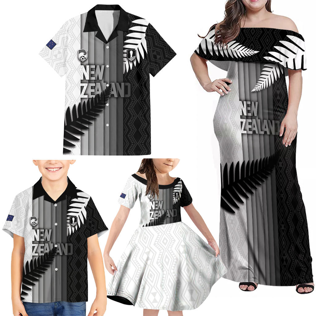 Custom New Zealand Football Family Matching Off Shoulder Maxi Dress and Hawaiian Shirt Silver Fern Maori Pattern Monochrome DT05 - Polynesian Pride