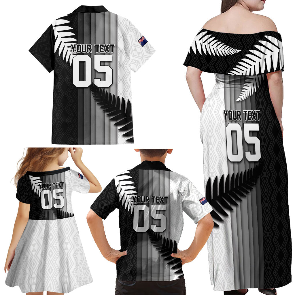 Custom New Zealand Football Family Matching Off Shoulder Maxi Dress and Hawaiian Shirt Silver Fern Maori Pattern Monochrome DT05 - Polynesian Pride