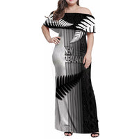 Custom New Zealand Football Family Matching Off Shoulder Maxi Dress and Hawaiian Shirt Silver Fern Maori Pattern Monochrome DT05 Mom's Dress White - Polynesian Pride