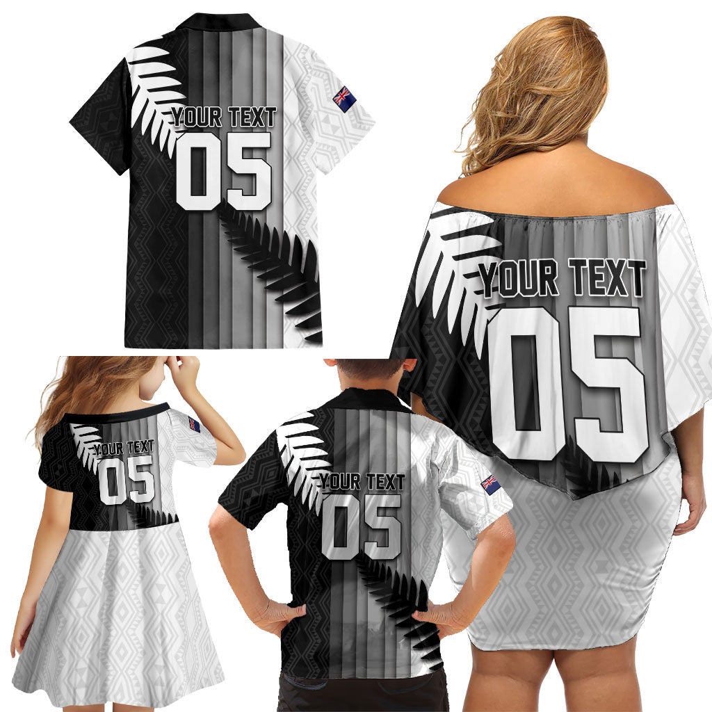 Custom New Zealand Football Family Matching Off Shoulder Short Dress and Hawaiian Shirt Silver Fern Maori Pattern Monochrome DT05 - Polynesian Pride