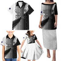 Custom New Zealand Football Family Matching Puletasi and Hawaiian Shirt Silver Fern Maori Pattern Monochrome DT05 - Polynesian Pride